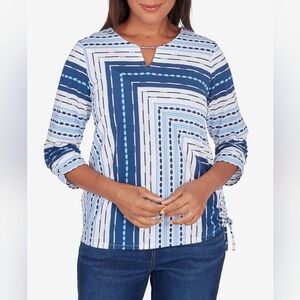 ALFRED DUNNER In Full Bloom Spliced Texture Blue Stripe L Top Side Tie Nautical